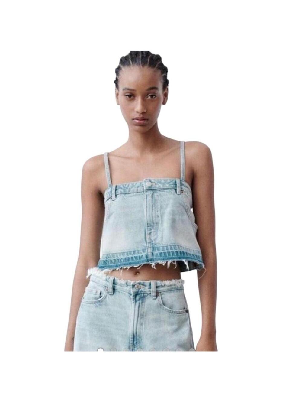 NWT Zara light blue Denim Crop Top Womens Large 100cotton festival